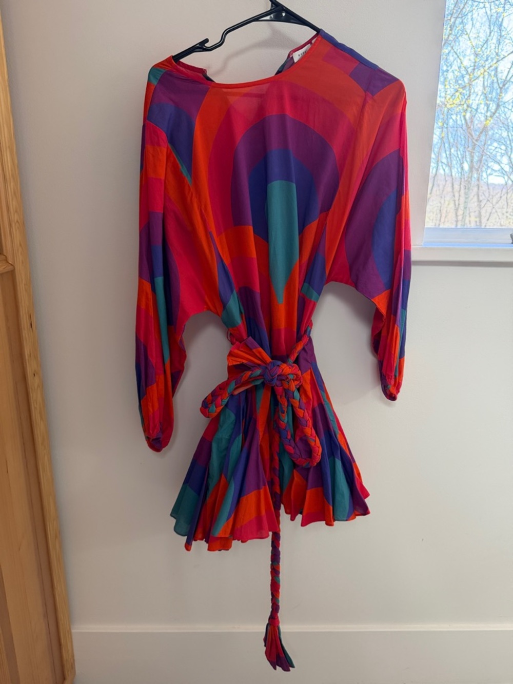 RHODE Multicolor Abstract Long Sleeve Tie-Waist Mini Dress - Red, Purple, Teal